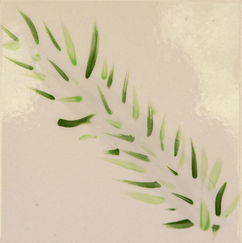Painting of green leaves in light and dark shades, curving across a pale textured background.