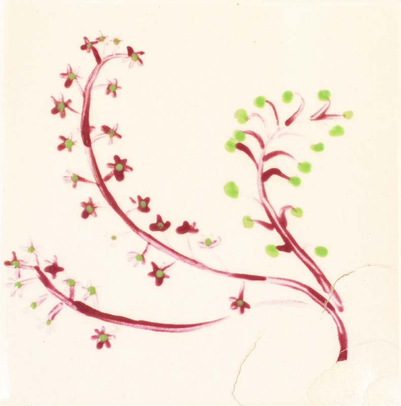 Painting of red stems with green and red berries along them over a cream-colored background.