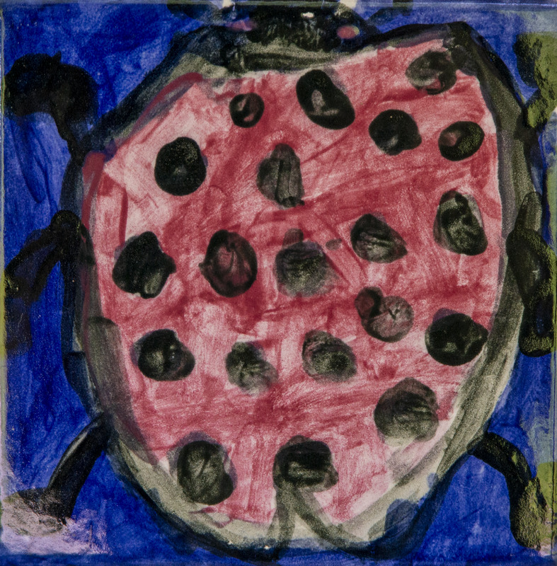 Painting of a red ladybug with black spots and legs, outlined in dark paint against a deep blue background.