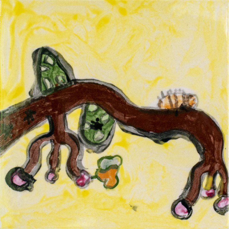 Painting of a branch with green, pink, and orange buds in front of a yellow background.