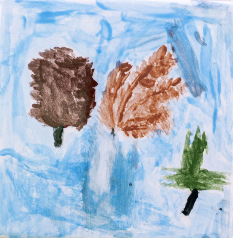 Painting of a dark brown, light brown, and green leaf.