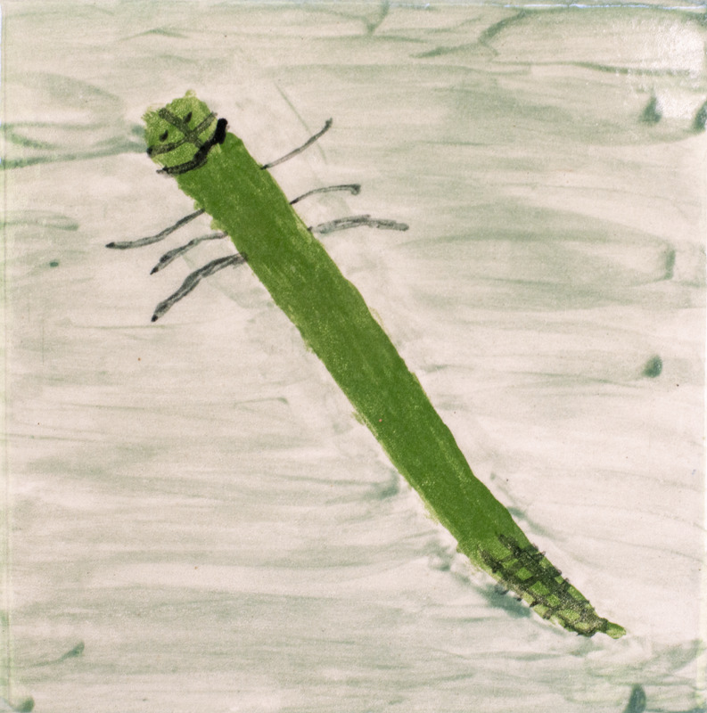 Painting of a long, green, six-legged water bug with a light green background.