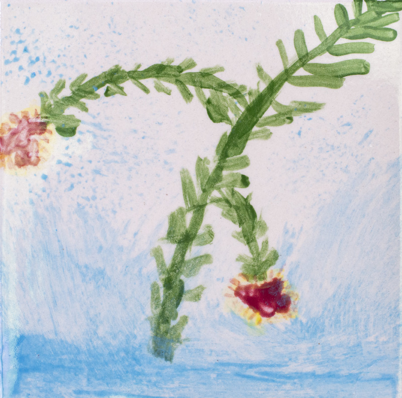 Painting of green branches with flowers on the ends.