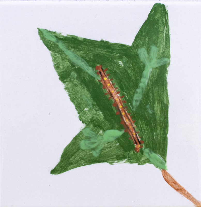 Painting of brown caterpillar on green leaf.