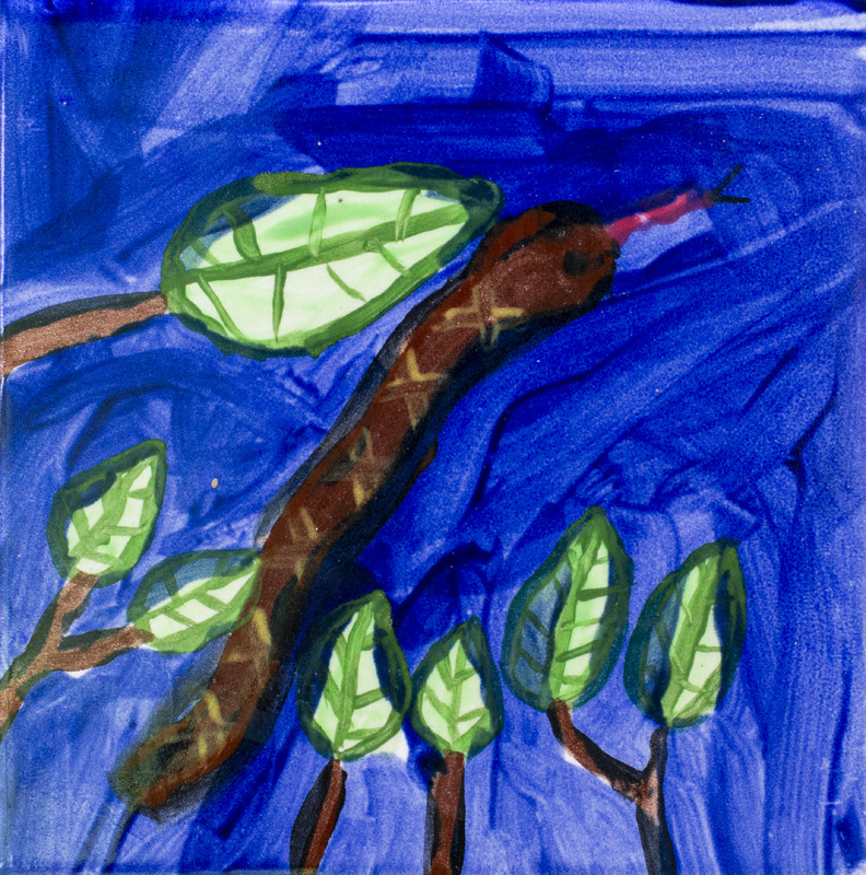 Painting of brown snake with its tongue out next to branches.