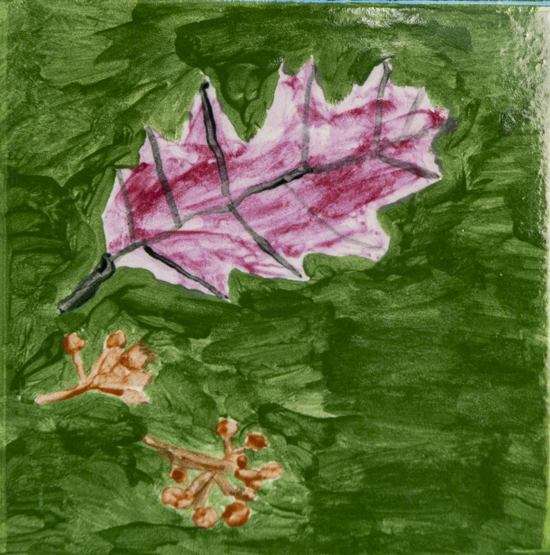 Painting of a dark-pink leaf with dark veins resting on green grass, with small brown seed clusters nearby.