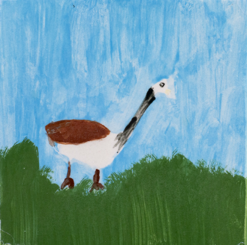 Painting of a Canada Goose walking on grass with a blue background.