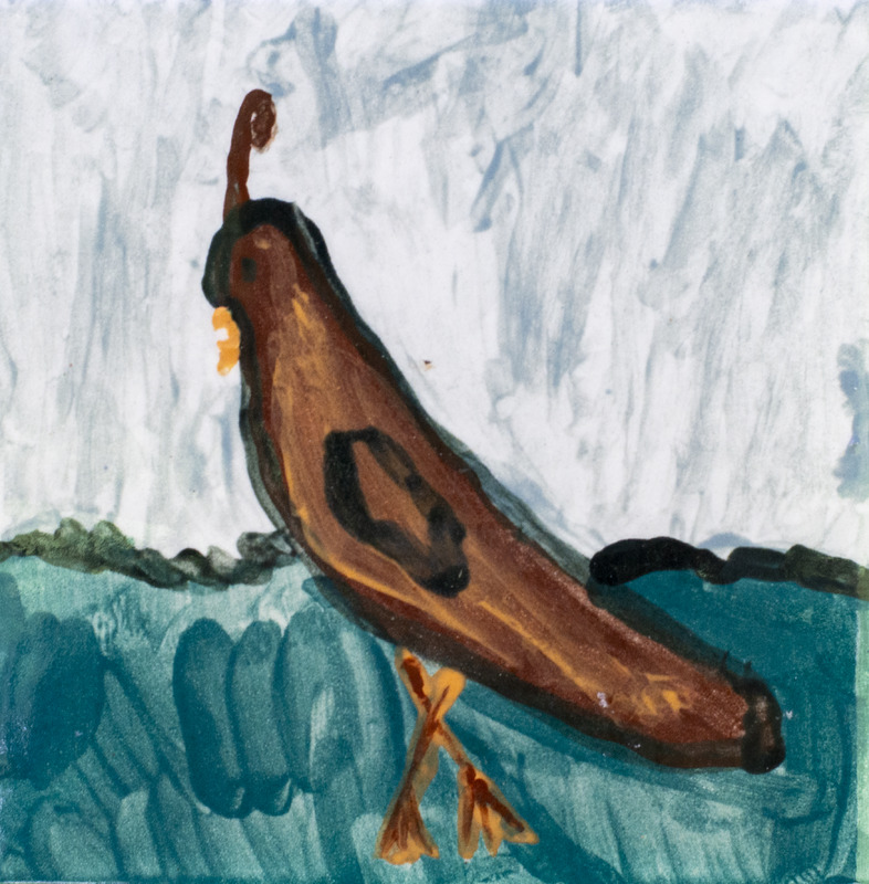 Painting of brown quail with teal ground and gray sky.