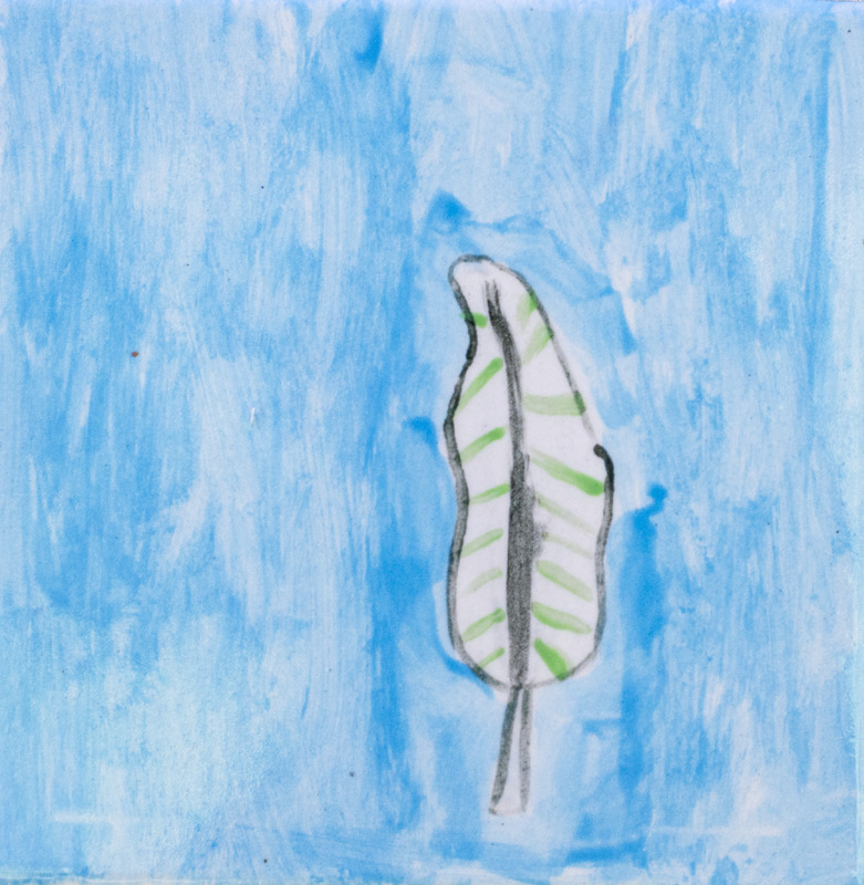 Painting of white and green leaf against blue background.