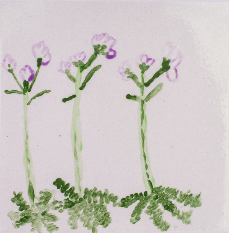 Painting of purple blooming flowers with green stems.