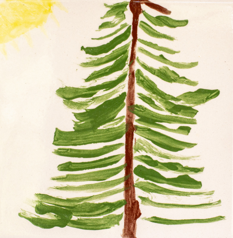 Painting of a green tree with a brown trunk over a white background and the sun in the upper left corner.