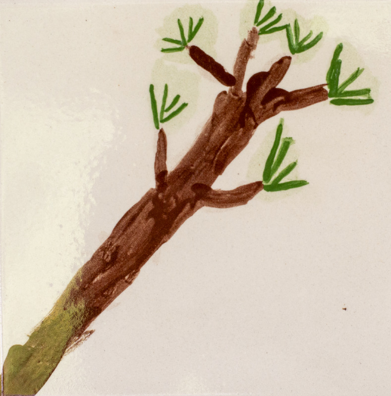 Painting of a brown pine branch with green needles over a cream-colored background.