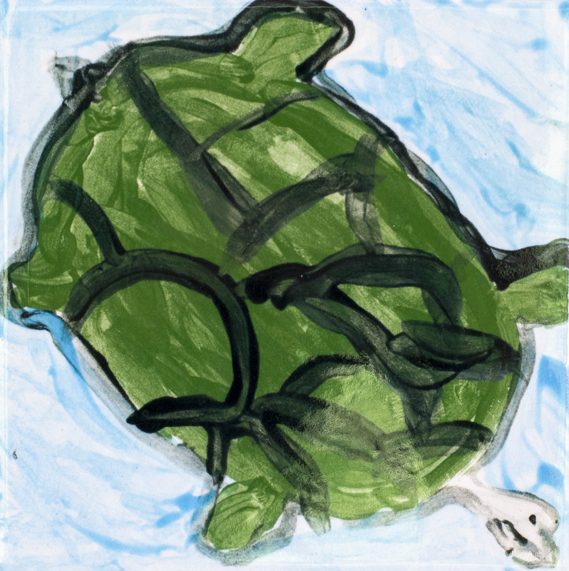Painting of a green turtle with a white face, swimming in blue water.
