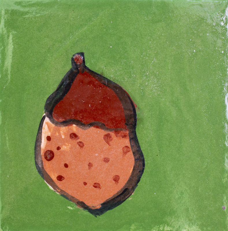 Painting of an acorn with a green background.