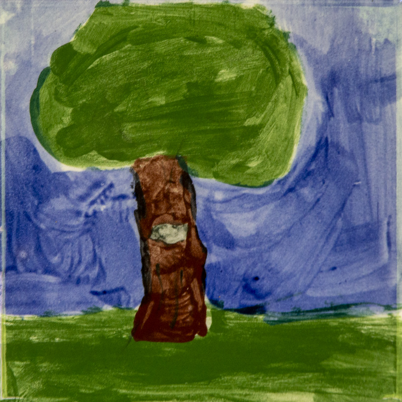 Painting of a tree with a thick brown trunk and a rounded green canopy, standing on green grass under a blue sky.