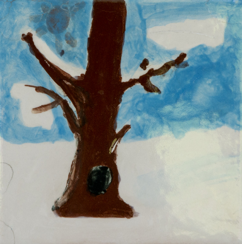 Painting of a single brown tree with bare branches and a dark cavity in the trunk, standing in snow under a blue sky.