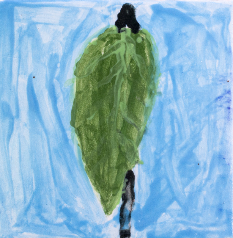 Painting of green drooping leaf against blue background.