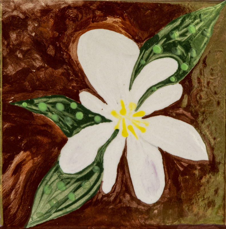 Painting of a white flower with yellow stamens and green leaves dotted with light spots, set against a brown background.