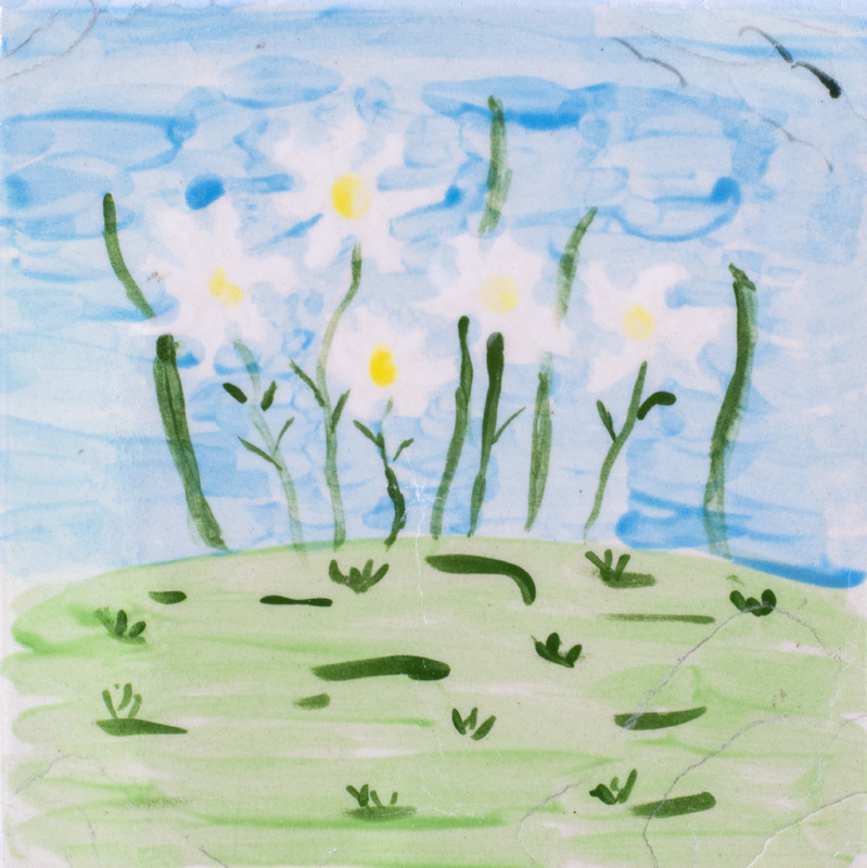 Painting of white flowers with yellow centers and tall green stems on a light green hill under a blue sky.