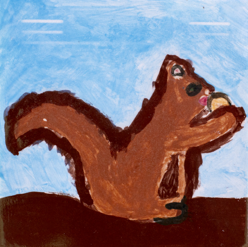 Painting of a squirrel eating an acorn.
