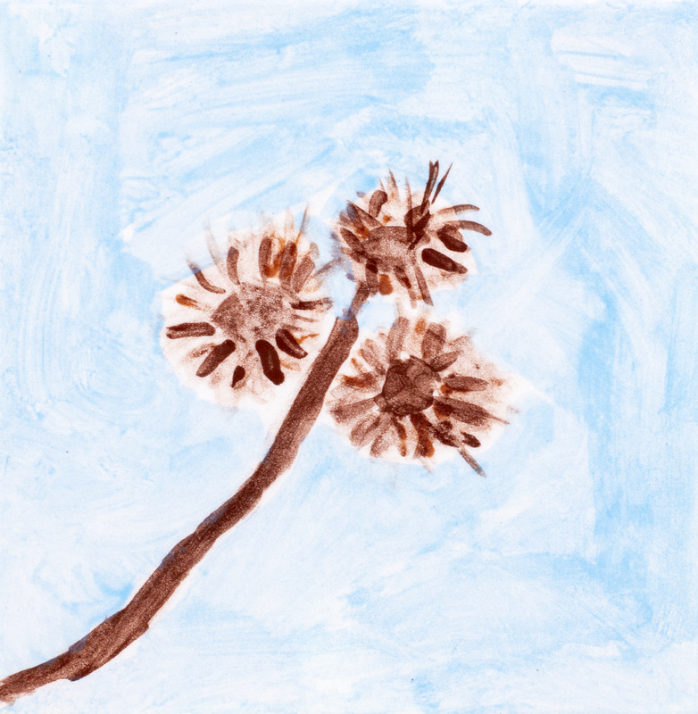 Painting of a burdock plant with three round, spiky seed heads on a brown stem against a light blue background.