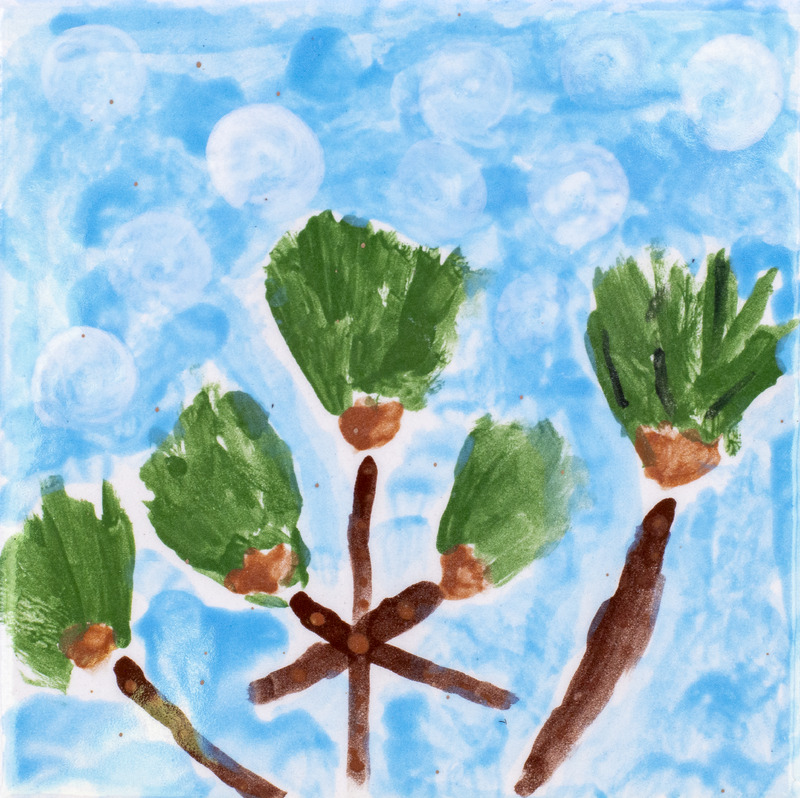 Painting of pine branches against snowy blue background.