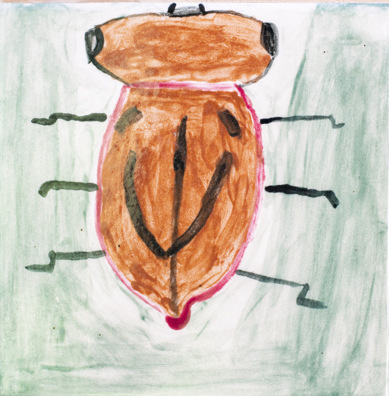 Painting of orange six-legged insect with wide head and body against turqoise background.