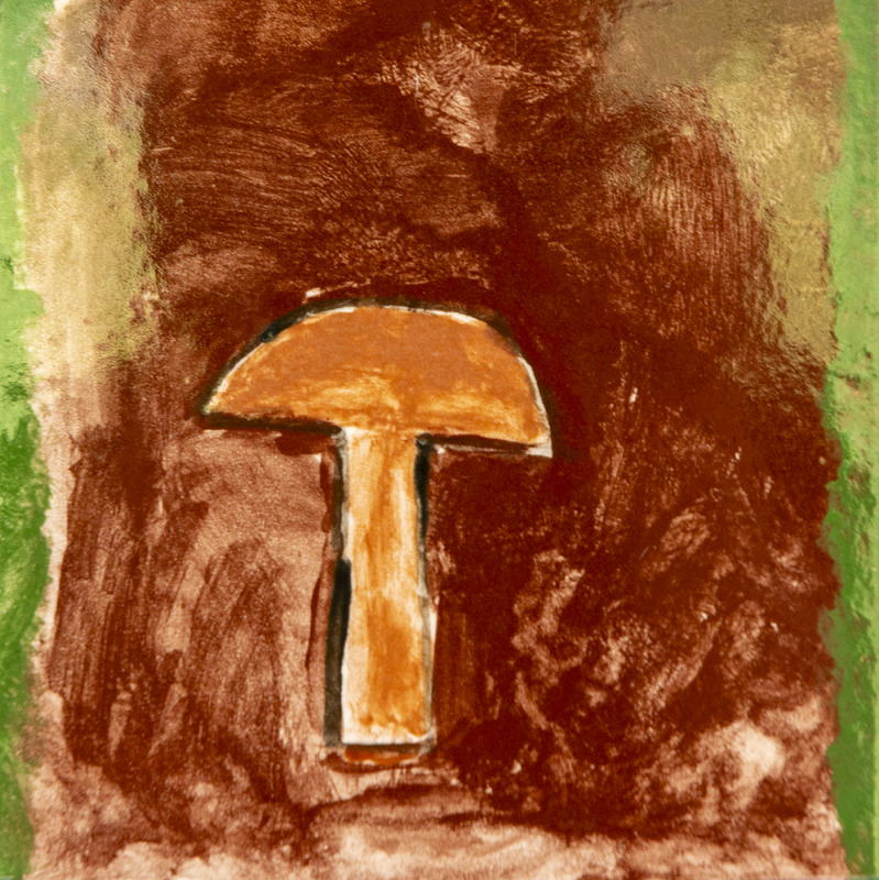 Painting of a brown mushroom with a rounded cap and thick stem against a textured earthy background