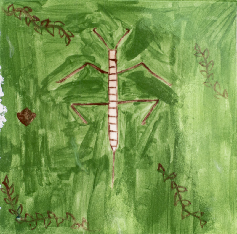 Painting of a brown striped water scorpion in green water with various brown plants.