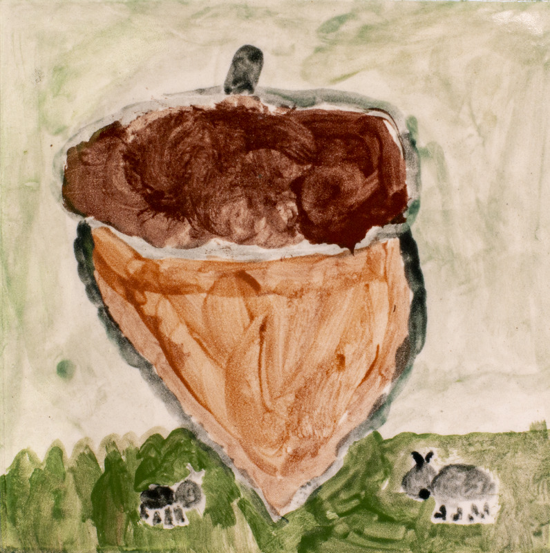 Painting of a brown acorn in the grass with two ants around it.