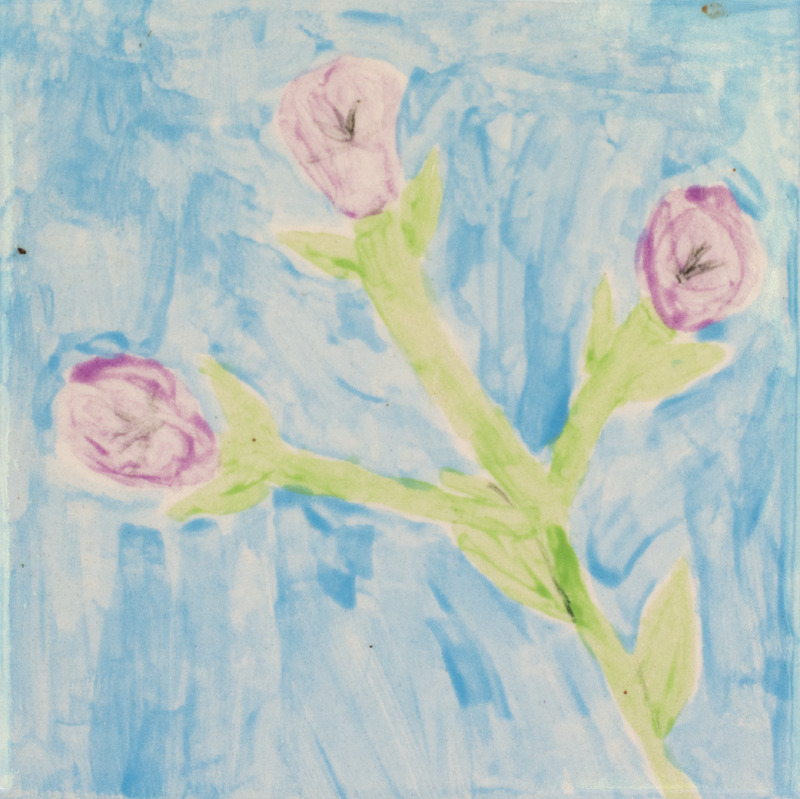 Painting of pink flowers with green stems and leaves over a blue background.