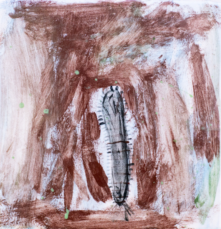 Painting of black water bug against brown background.