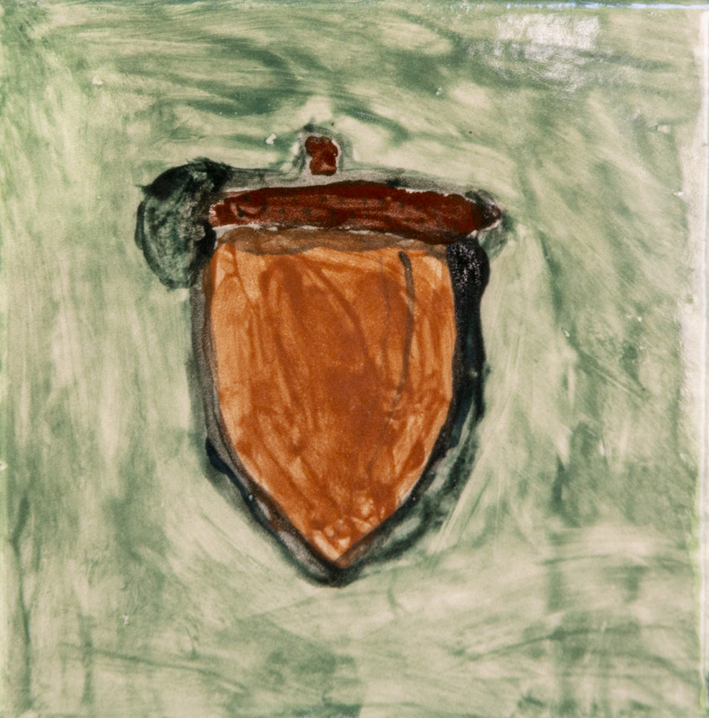 Painting of a brown acorn with a dark cap and small stem against a dark background.