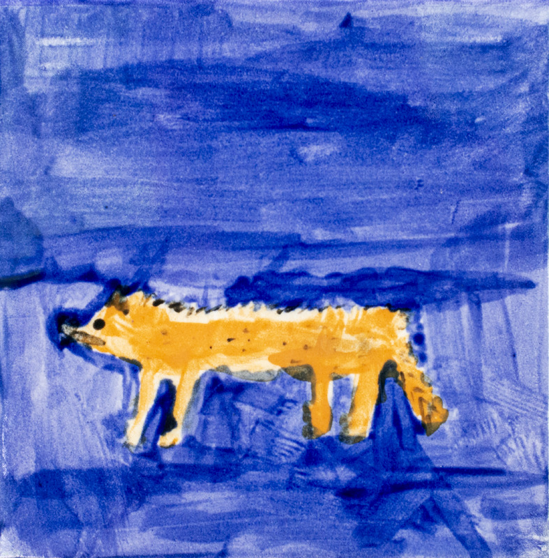 Painting of orange fox against dark blue background.