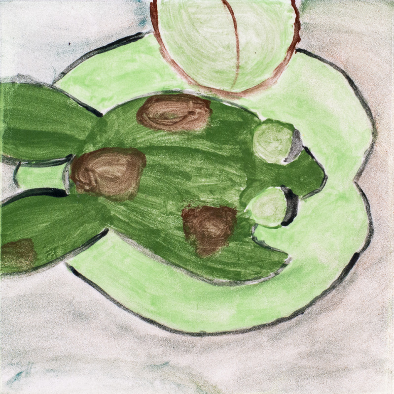 Painting of a green frog with brown spots sitting on lilypad against a light brown background.