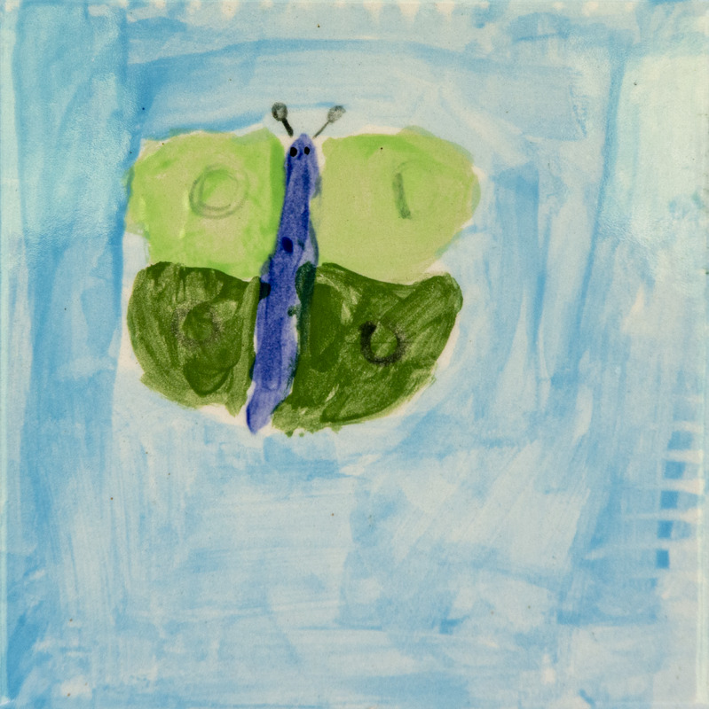 Painting of a blue butterfly with green wings and small antennae against a light blue sky background.