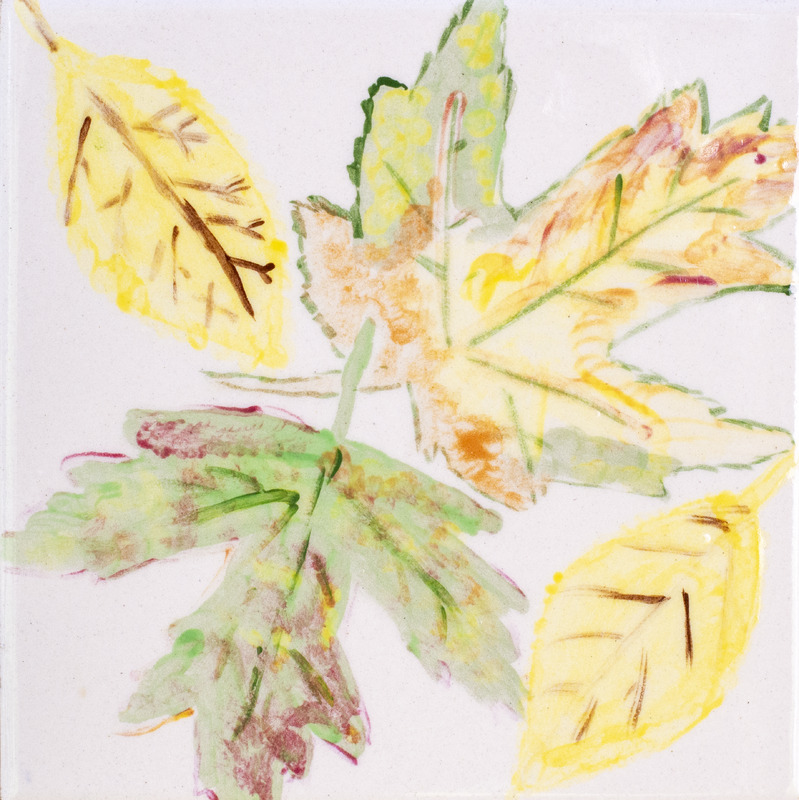 Painting of two yellow leaves and two multicolored leaves against white background.