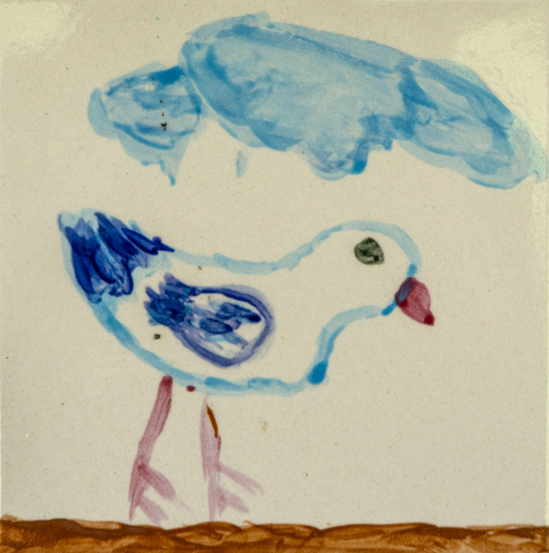 Painting of a blue bird with a red beak and pink legs, standing on brown ground beneath a light blue cloud.
