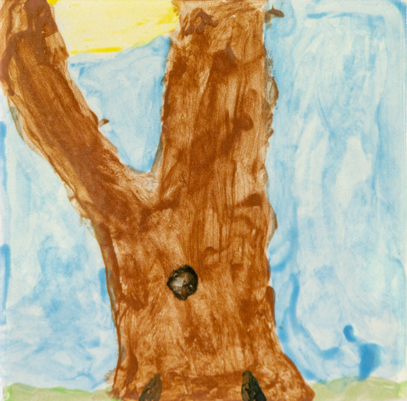 Painting of a large brown tree trunk with a dark knot on it, blue sky, and a yellow sun in the background.