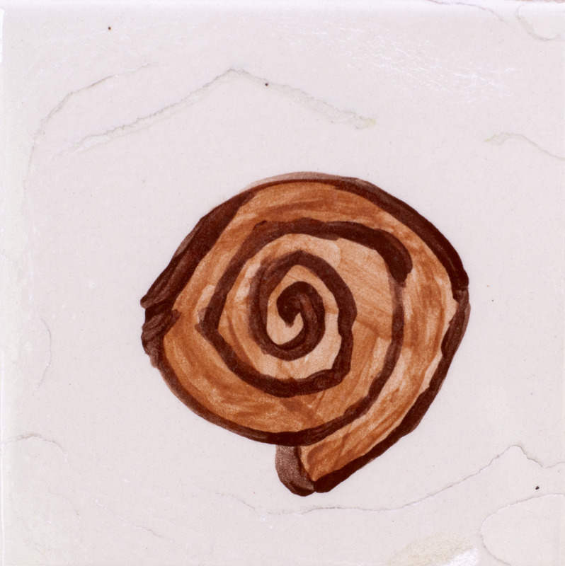 Painting of a brown spiral snail shell on a light background.