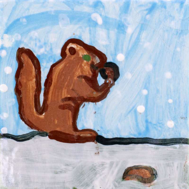 Painting of a brown squirrel sitting on the ground and holding food while snow falls around it.