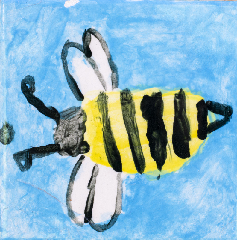 Painting of a yellow bee with black stripes against a blue background.