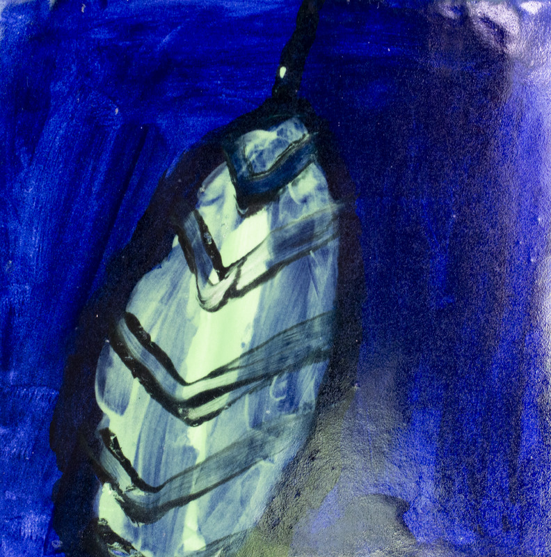 Painting of a bright green leaf with black arrow-shaped details in front of a dark blue background.