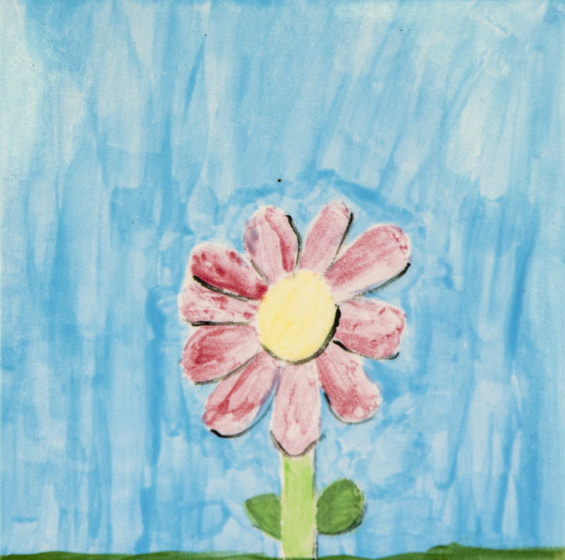Painting of a red flower with a yellow center and green stem against a blue background.