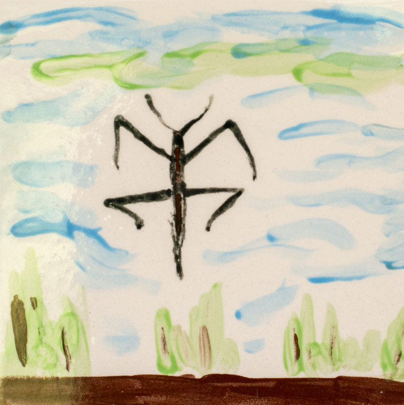 Painting of a brown water scorpion in in the bottom of a pond with plants.