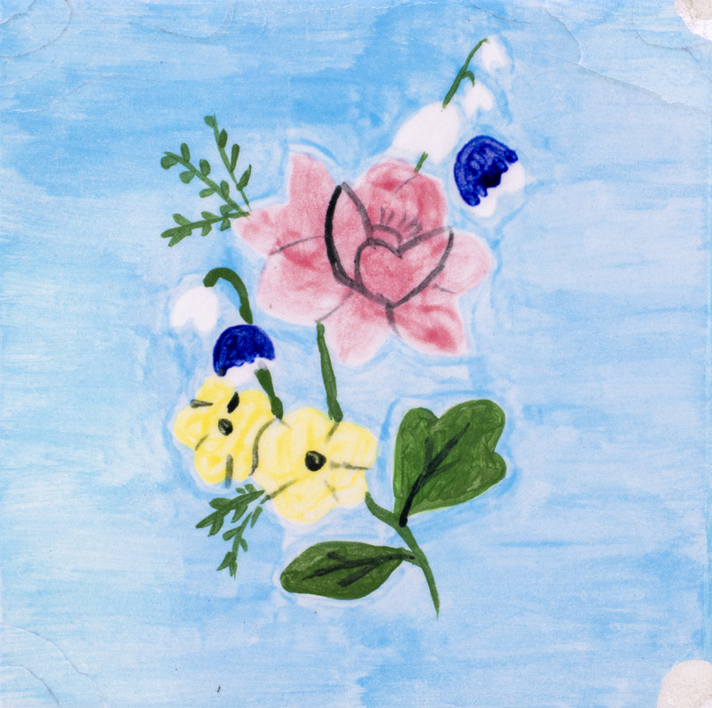 Painting of a pink flower, small yellow blossoms, and blue buds with green leaves on a light blue background.