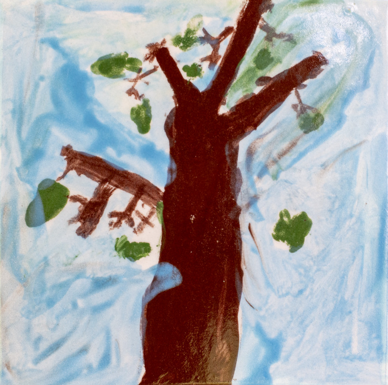 Painting of a tall brown tree with green leaves against a bright blue sky, made with bold brushstrokes and simple shapes.