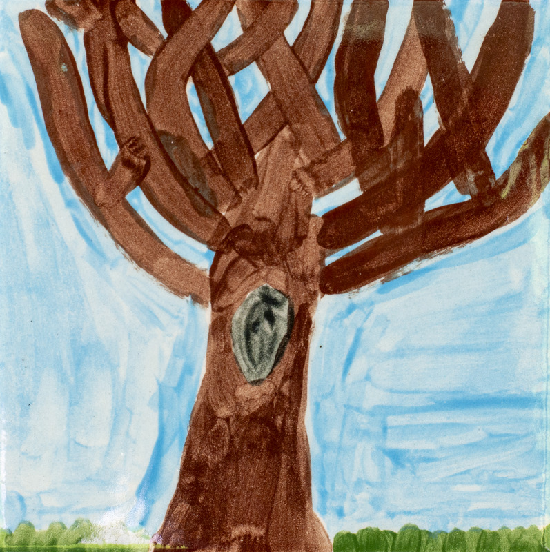 Painting of a brown tree with a large grey cavity in the middle of the trunk. It is in front of a blue sky.