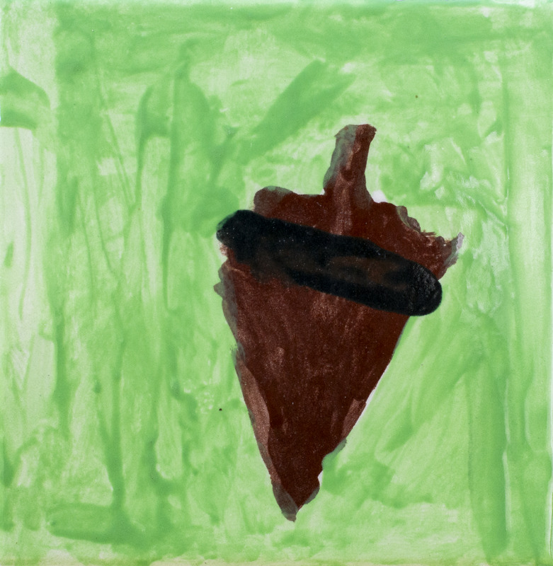 Painting of acorn against green background.