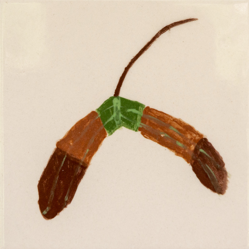 Painting of a brown maple helicopter seed with two wings joined at a green center and a thin stem above.